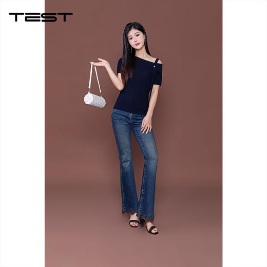 秋上新蓝色高腰修身喇叭精致花边裤脚牛仔裤3253030 商品图1