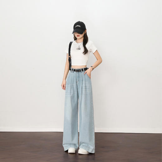 慵懒随性复古百搭水洗牛仔裤女夏季直筒阔腿裤配腰带H0051127 商品图2