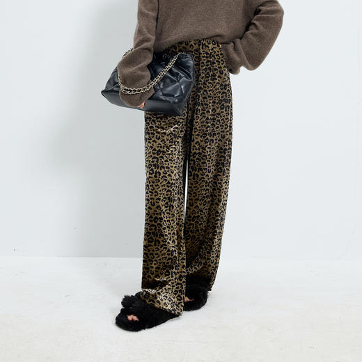 三彩2025冬季新款豹纹丝绒长裤高腰松紧直筒裤宽松拖地裤休闲M 商品图1