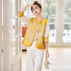 HR CPYY8118新中式提花缎面盘扣马甲蕾丝两件套