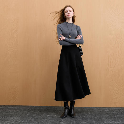 三彩2025冬季新款高腰松紧半身裙A字裙气质通勤长裙高级感M 商品图1