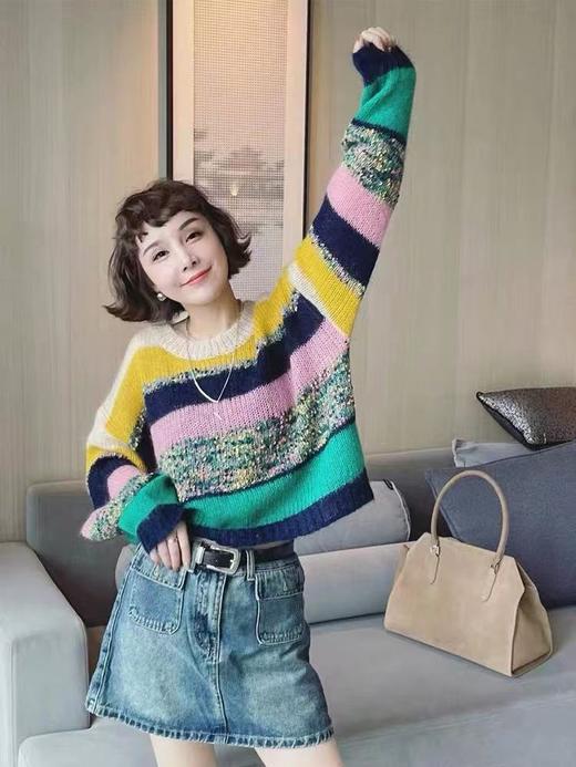 【孤品捡漏】G154慵懒风彩条针织毛衣-喜出 商品图1