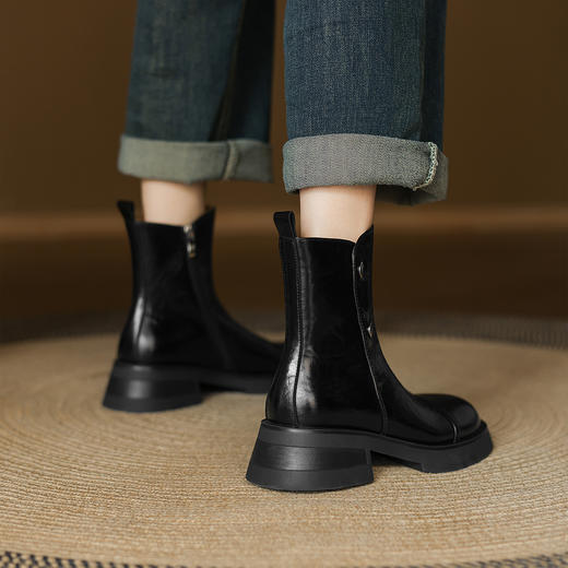 阿么手工女鞋防水台2025秋冬新款粗跟短靴英伦风简约百搭靴子5CM 商品图3