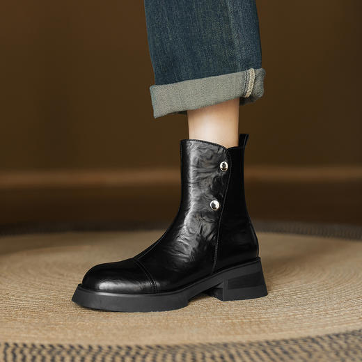 阿么手工女鞋防水台2025秋冬新款粗跟短靴英伦风简约百搭靴子5CM 商品图1