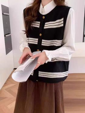 【孤品捡漏】G140黑白金扣条纹马甲-喜出