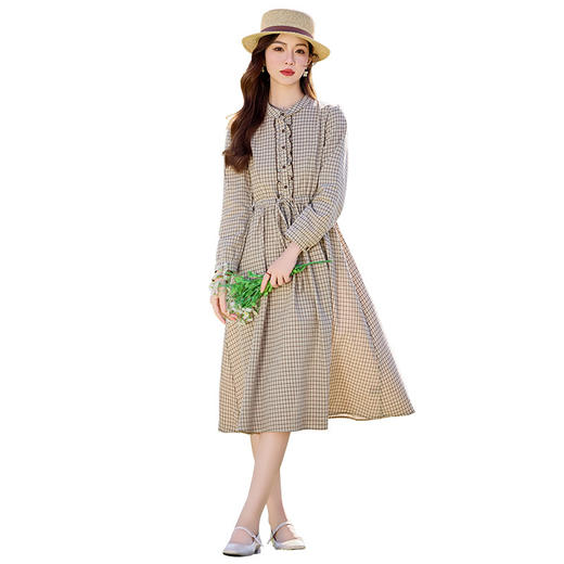 文艺复古格子连衣裙2025秋季新款设计感边系带长袖中长连衣裙SYY2677 商品图4