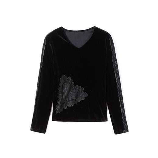 KQL E37M2917新款V领气质丝绒蕾丝拼接长袖打底小衫 商品图3