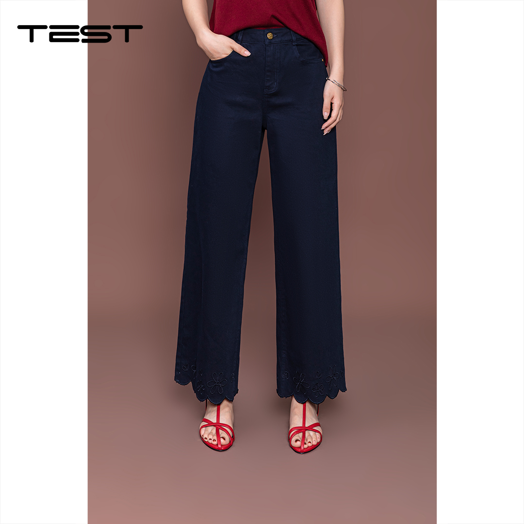 秋上新通勤百搭阔腿裤脚口精致牛仔花边裤3253029