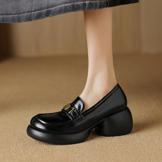 【预售5天】英伦风厚底小皮鞋女真皮圆头松糕鞋秋季复古高跟单鞋DTN&B369-3 商品图1