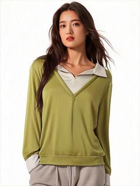 仅限11.11，不参与退【孤品捡漏】（样衣）G89假两件拼色绿色针织长袖衫-喜出