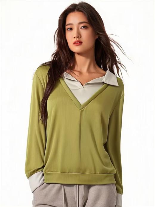 仅限11.11，不参与退【孤品捡漏】（样衣）G89假两件拼色绿色针织长袖衫-喜出 商品图0