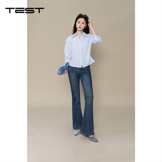 秋上新微喇版型深蓝色修身牛仔裤3253021 商品图4