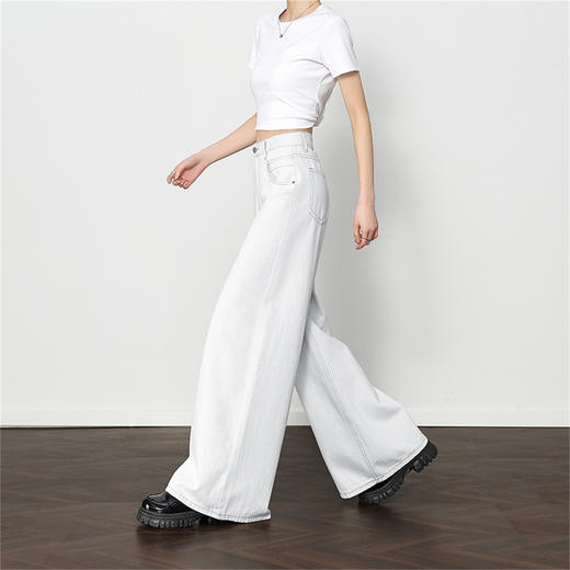西遇宽松水洗牛仔裤女新款通勤高腰慵懒风白色阔腿裤D0050425 商品图3
