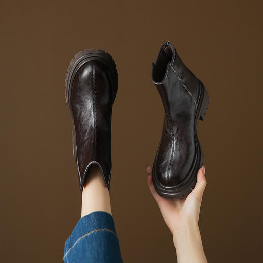 阿么手工女鞋增高厚底短靴2025新款复古拉链洋气时髦靴子女款5CM 商品图4