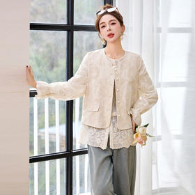 HR CPYY8117新中式棉麻提花马甲外套蕾丝小衫两件套