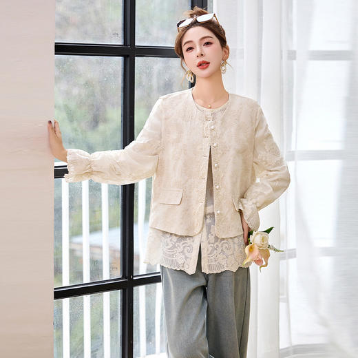 HR CPYY8117新中式棉麻提花马甲外套蕾丝小衫两件套 商品图0