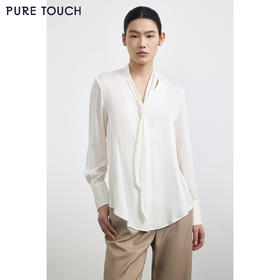 PURE TOUCH 白色飘带V领真丝衬衫