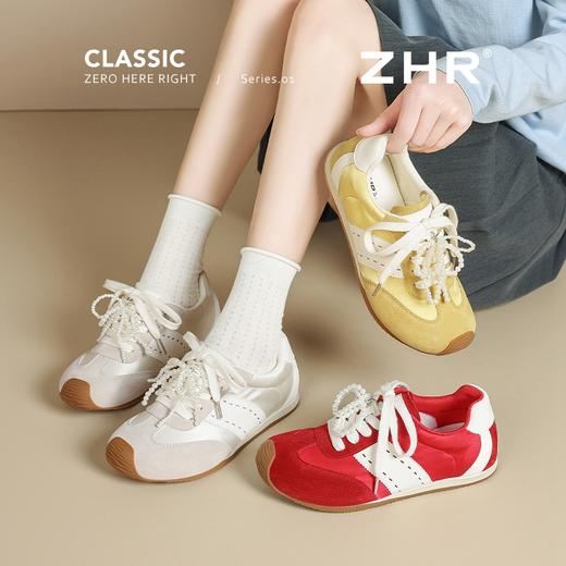 ZHR爆款阿甘鞋女2025新款珍珠缎面透气轻便板鞋平底红色德训鞋 商品图0