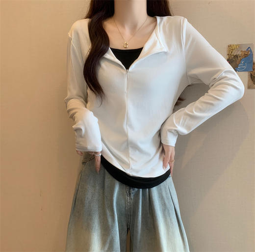 热卖！一件穿出时髦感！AILISCOCO 假两件撞色拉链Tee 女款长袖T 显瘦百搭 日常通勤 商品图4