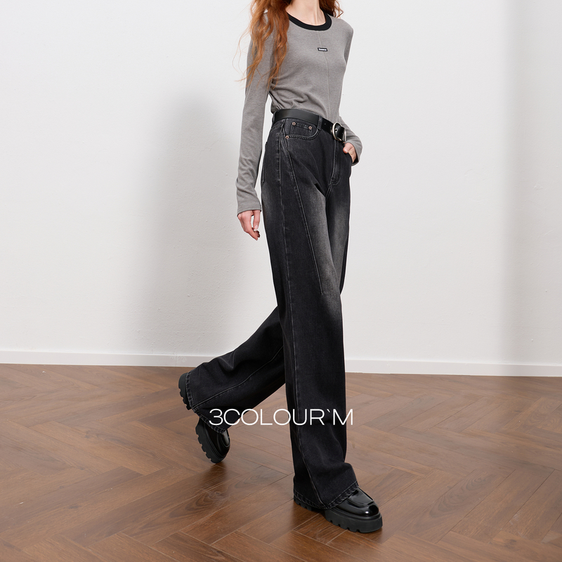 三彩2025冬季新款收腰牛仔裤休闲裤一体绒磨毛宽松阔腿裤长裤M