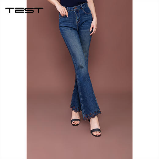 秋上新蓝色高腰修身喇叭精致花边裤脚牛仔裤3253030 商品图0