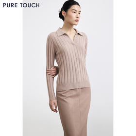 PURE TOUCH 浅驼色坑条纹理翻领V领针织上衣