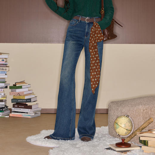 三彩独醒2025冬季新款磨毛牛仔裤休闲微喇裤复古喇叭裤长裤F 商品图3