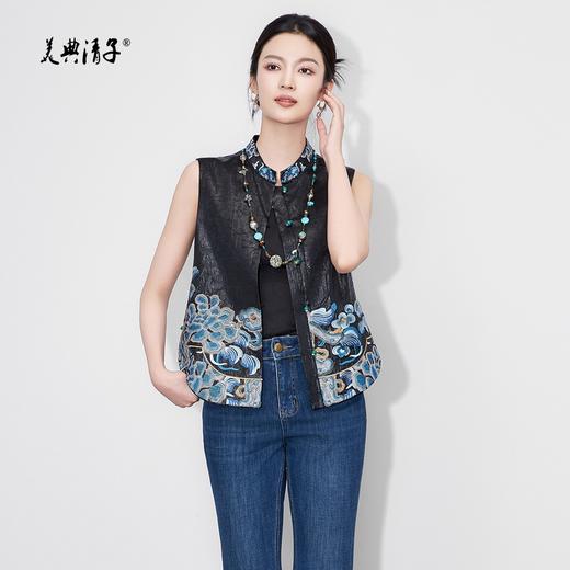 新中式祥云刺绣裂纹立领单排扣马甲背心 商品图0