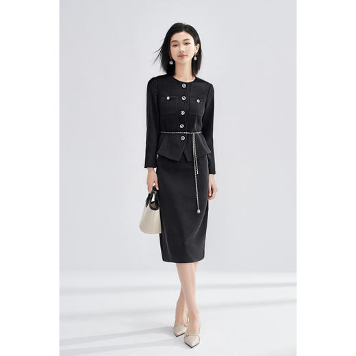 米思阳2026春季法式小香风黑色短外套女长袖显瘦高级感上衣高腰直筒半身裙女4476 商品图5