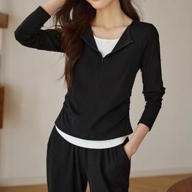 热卖！一件穿出时髦感！AILISCOCO 假两件撞色拉链Tee 女款长袖T 显瘦百搭 日常通勤