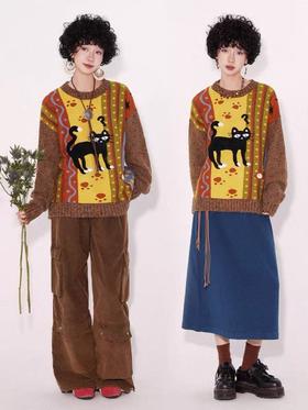 【孤品捡漏】（样衣）G74咖色疑惑小猫花纱毛衣-喜出