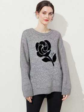 吊牌839元【孤品捡漏】三彩G100 绵羊毛➕羊驼毛等玫瑰花灰毛衣-喜出