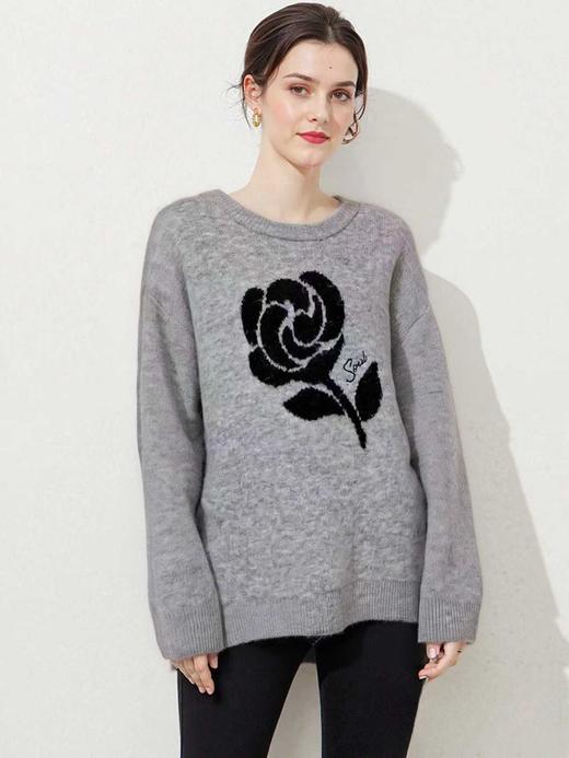 吊牌839元【孤品捡漏】三彩G100 绵羊毛➕羊驼毛等玫瑰花灰毛衣-喜出 商品图0