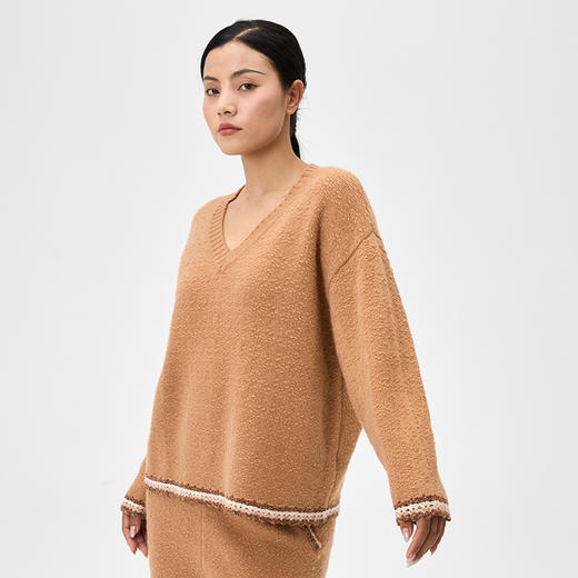 羊绒手钩V领长袖女套衫  SJF97W351N 商品图1