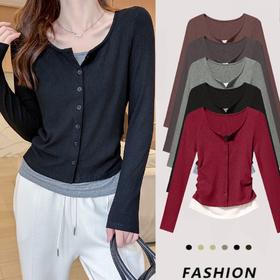 【YW】无忧购韩系ins百搭假两件纽扣正肩收腰长袖2605(截单后3-5天发货)