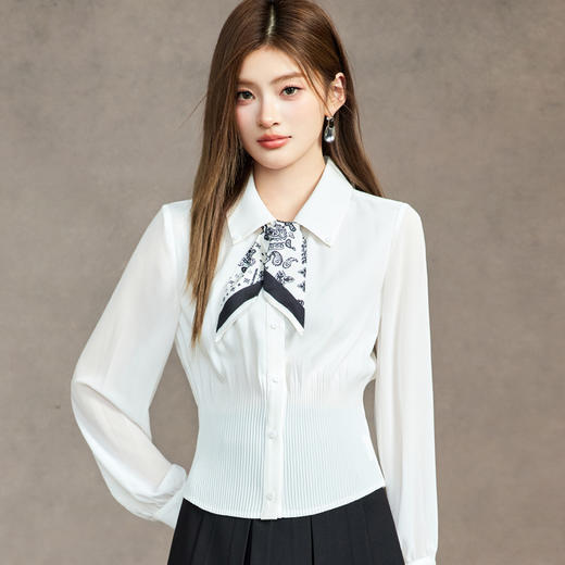 「自」全新升级【铂金会员174/天猫229/差价55】(01033)洛诗琳法式新款气质雪纺衫2025秋季收腰显瘦飘带衬衫女 商品图2