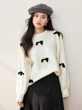 【孤品捡漏】（样衣）G85米色蝴蝶结针织毛衫-喜出