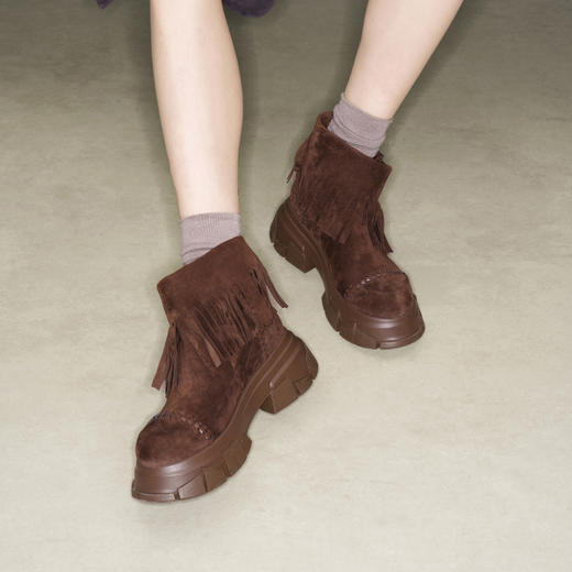 lost in echo2025早秋新款仿麂皮波西米亚风流苏厚底碎石底短靴子 商品图3