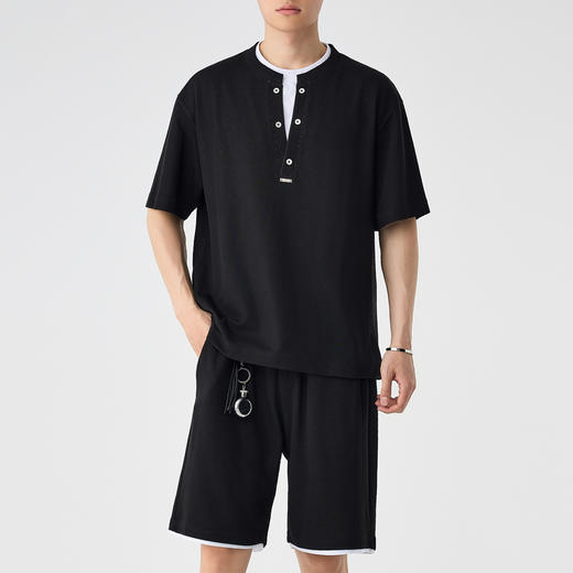 墨麦客撞色假两件T恤套装男士2025夏季新款宽松休闲短袖短裤男 商品图0