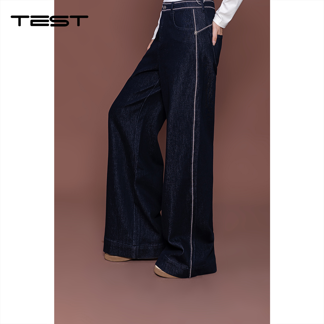 秋上新深蓝色高腰显瘦阔腿微喇牛仔裤3253028