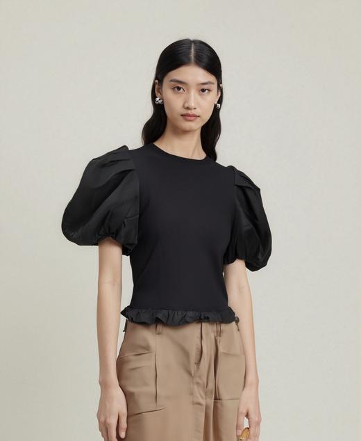 33AJ800170#拼接泡泡袖圆领纯色上衣 商品图0