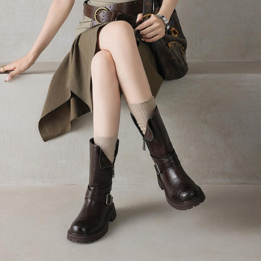 阿么手工女鞋美式复古西部靴女款显瘦增高小个子中筒靴厚底4.5CM 商品图4