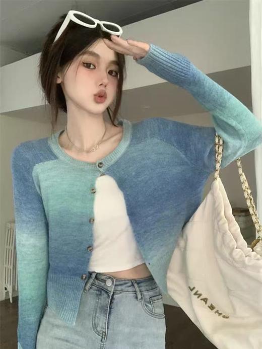 【孤品捡漏】（样衣）G78青绿中长渐变开衫毛衣-喜出 商品图2