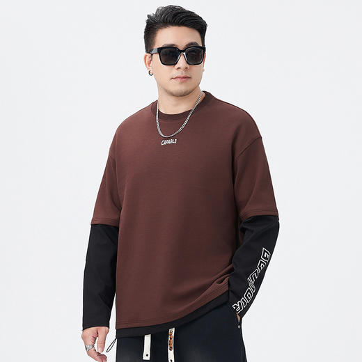 【DMH】大依优型大码男装潮流卫衣假两件袖子拼接圆领长袖T恤秋季日系简约个性印花假两件宽松男 商品图2