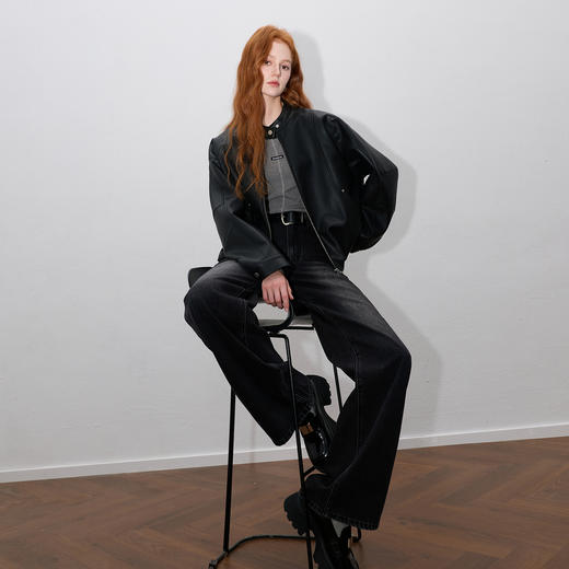 三彩2025冬季新款收腰牛仔裤休闲裤一体绒磨毛宽松阔腿裤长裤M 商品图2