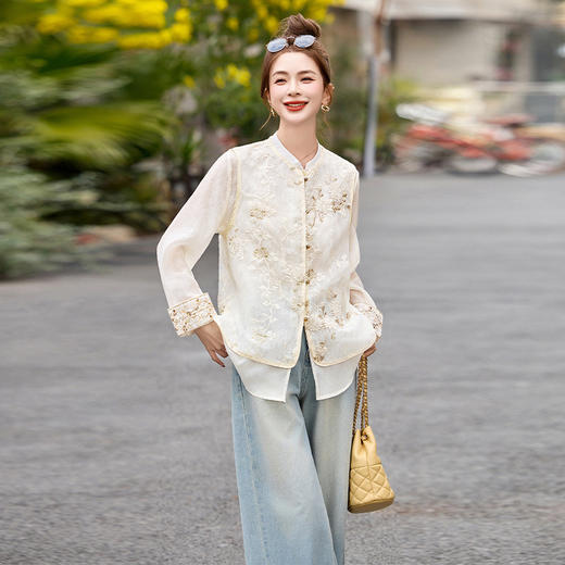 HR CPYY8125新中式国风刺绣微透马甲配长袖衬衫两件套 商品图3