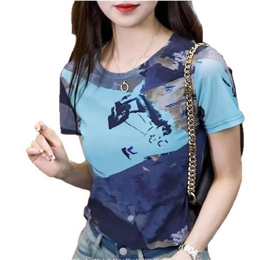 雀说水墨画印花短袖T恤新款网纱薄款百搭修身上衣AL10120 商品图3