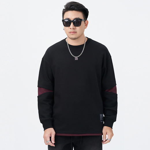 【DMH】大依优型大码男装圆领卫衣复古假两件撞色拼接休闲宽松男式长袖套头衫日系 商品图2