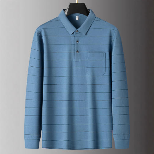 【绵羊毛+桑蚕丝】【DPS】大依优型大码男装长袖POLO宽松秋装条纹长袖polo衫中年男士加肥加大码休闲棉 商品图1
