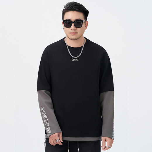 【DMH】大依优型大码男装潮流卫衣假两件袖子拼接圆领长袖T恤秋季日系简约个性印花假两件宽松男 商品图1